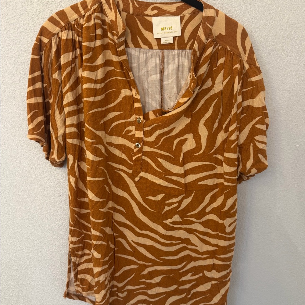 Anthropologie Maeve Rust and Cream Zebra-Print Short Sleeve Blouse